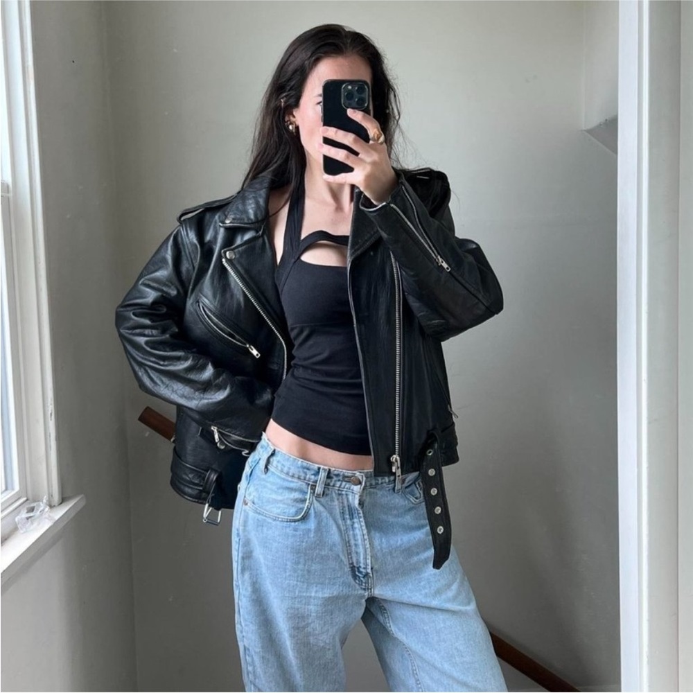 Vintage Leather Motorcycle Jacket Buckle Zip Heavyweight Unisex Biker Moto Coat